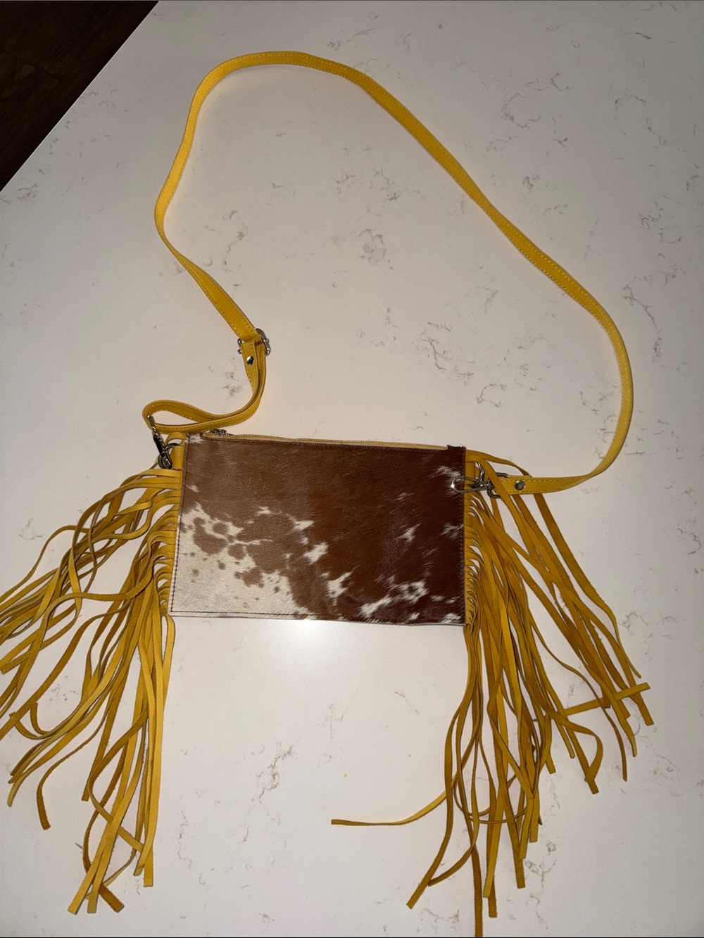 Western Linens Fringe Crossbody Bag with Brown Cowhide Panel and Mustard Strap